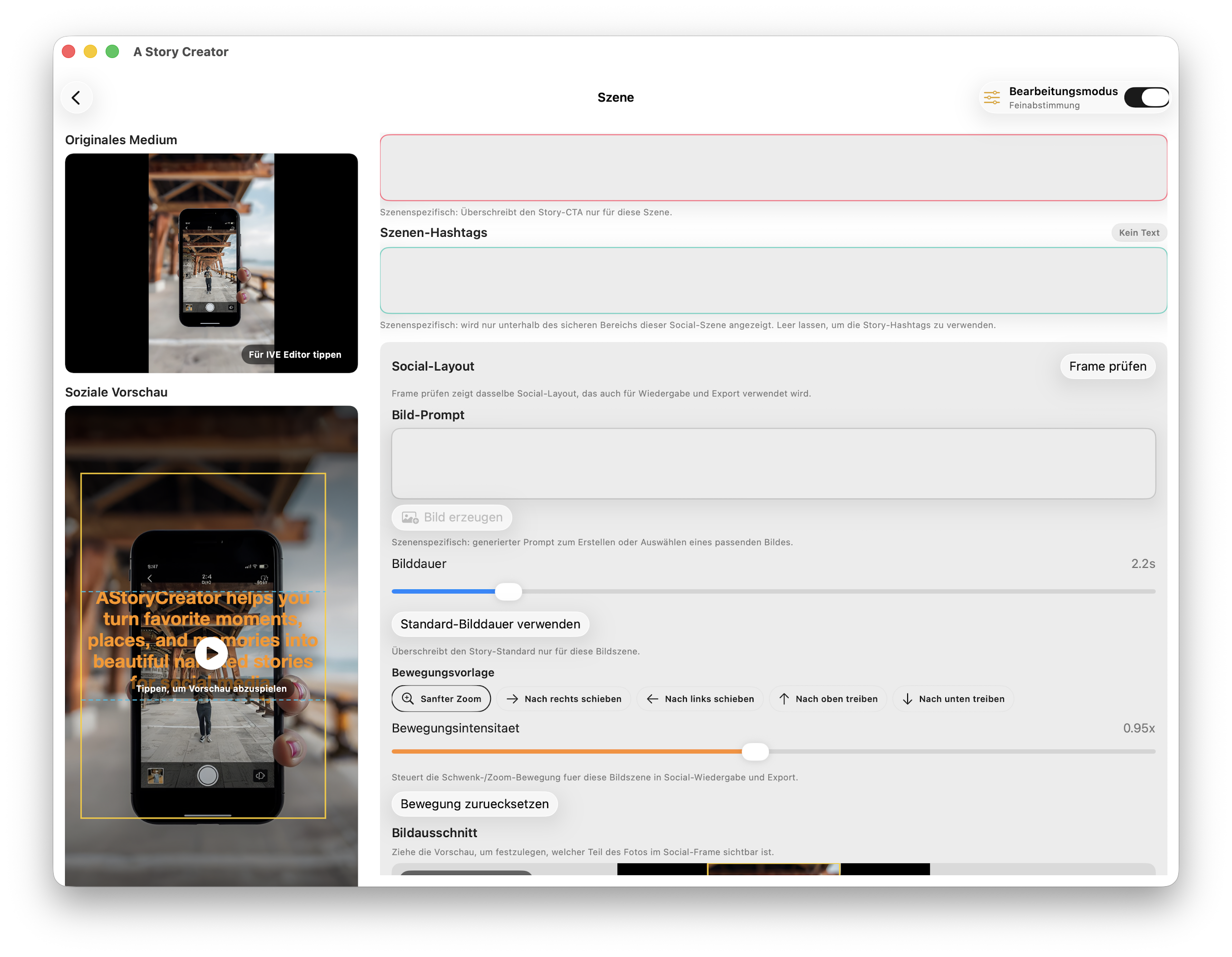 Detalle de escena con controles de medios y texto