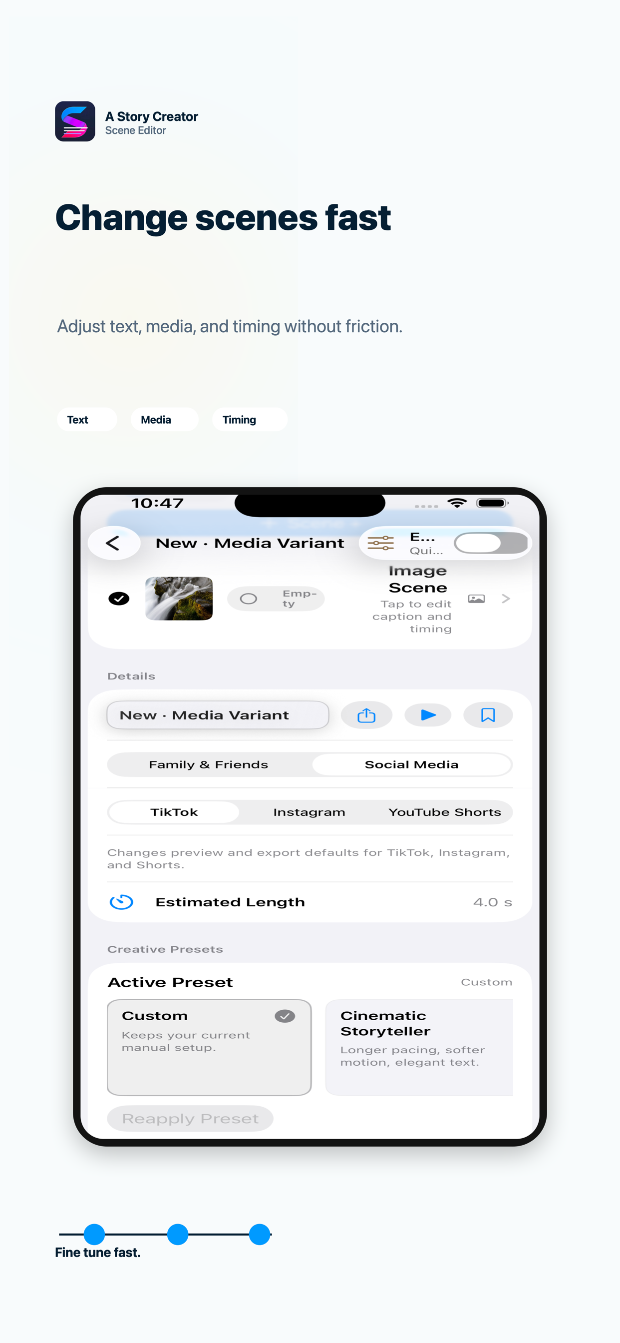 A Story Creator scene editor screen